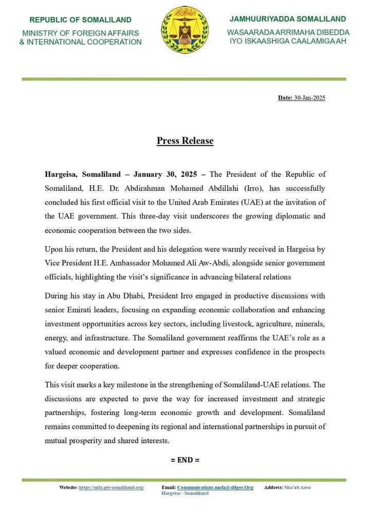 MFA Somaliland Press Release Regarding visit of President AbdiRehman Irro to UAE