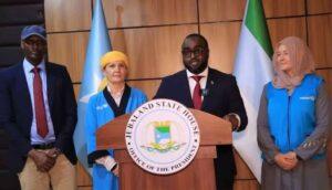 Jubaland Minister Abdirahman Abdi Ahmed and UNICEF’s Sandra Lattouf Issue Urgent Drought Appeal Following High-Level Talks